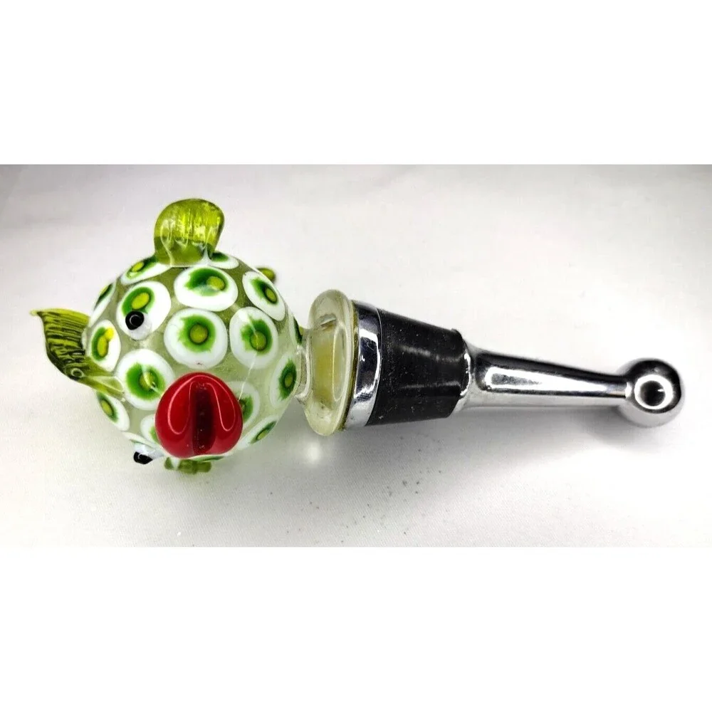 Art Glass Green Handblown Glass Blowfish Twos Company Bottle Stopper